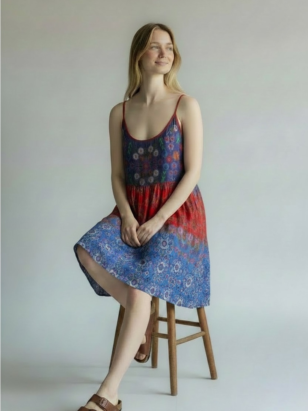 Natural Life Gigi Midi Dress - Floral Boho Blue Red Folk Size M